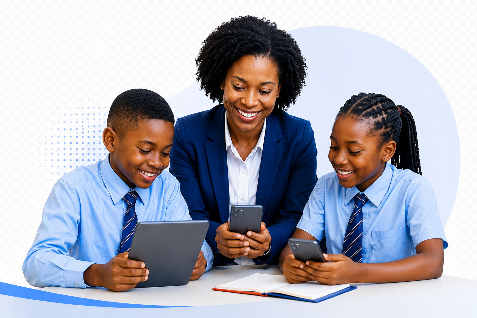 Teacher and students using Schoolics on a tablet